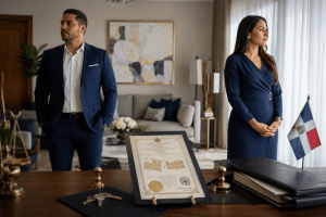Partición de bienes después del divorcio en República Dominicana con vivienda, documentos legales y patrimonio matrimonial.