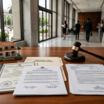 Partición de bienes después del divorcio en República Dominicana con vivienda, documentos legales y patrimonio matrimonial.