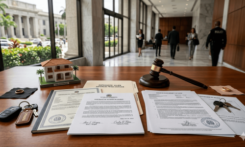 Partición de bienes después del divorcio en República Dominicana con vivienda, documentos legales y patrimonio matrimonial.