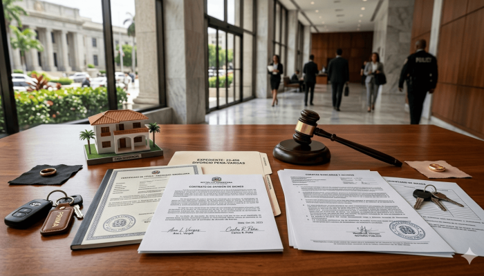 Partición de bienes después del divorcio en República Dominicana con vivienda, documentos legales y patrimonio matrimonial.