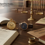 Código Civil Dominicano junto a documentos de herencia, relojes detenidos al mismo tiempo y balanza de la justicia, representando el fallecimiento simultáneo y la sucesión en República Dominicana.