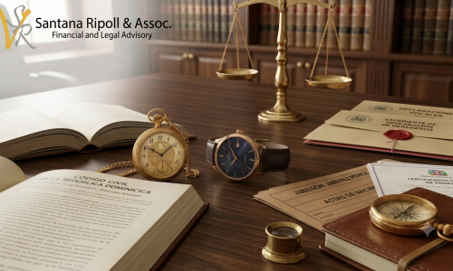 Código Civil Dominicano junto a documentos de herencia, relojes detenidos al mismo tiempo y balanza de la justicia, representando el fallecimiento simultáneo y la sucesión en República Dominicana.