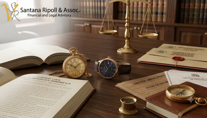 Código Civil Dominicano junto a documentos de herencia, relojes detenidos al mismo tiempo y balanza de la justicia, representando el fallecimiento simultáneo y la sucesión en República Dominicana.